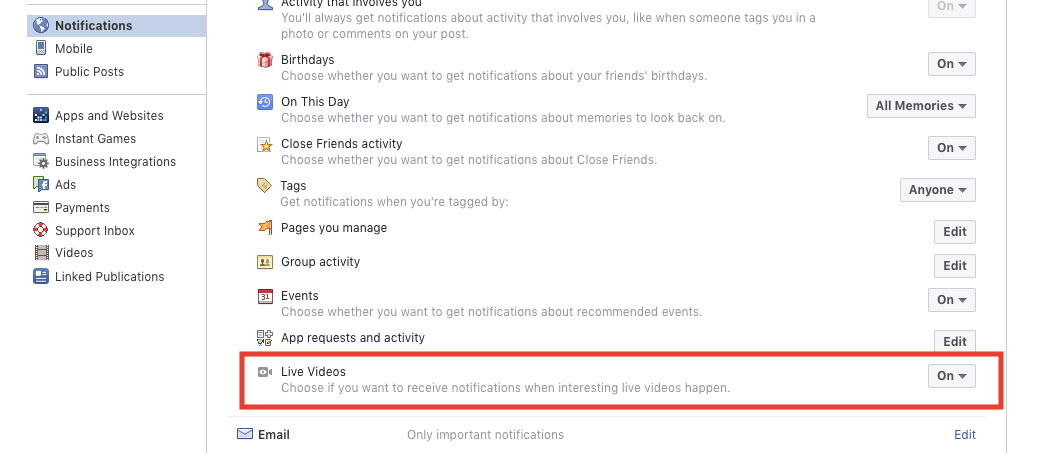 Facebook Notification Settings